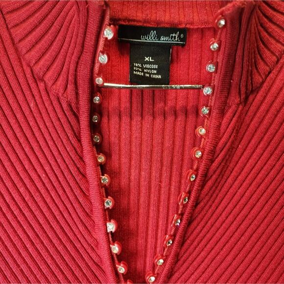 Red Ribbed Knit Sweater Crystals Zipper XL - Picture 5 of 7